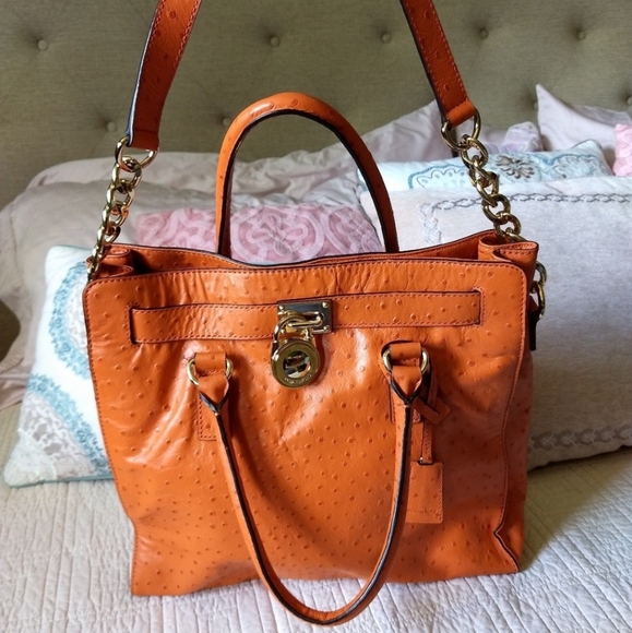 Michael Kors Ostrich-Embossed Hamilton Tangerine East/West Tote Leather Handbag - Picture 1 of 11